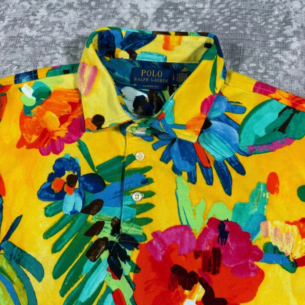 Polo Ralph Lauren Polo Mens L Yellow Tropical Floral Classic Fit Short Sleeve